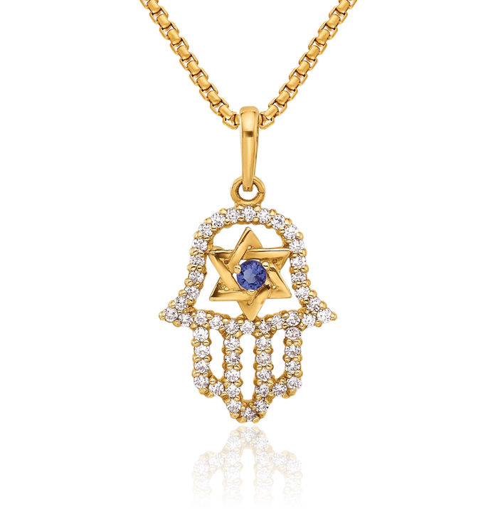 10K Solid Yellow Gold Cubic Zirconia CZ Hamsa Hand of Fatima Blue Evil Eye Protection Necklace Chain Pendant Charm