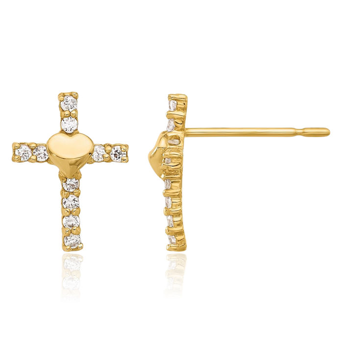 10K Solid Yellow Gold Cubic Zirconia CZ Heart Holy Cross Drop Dangle Christian Religious Stud Earrings