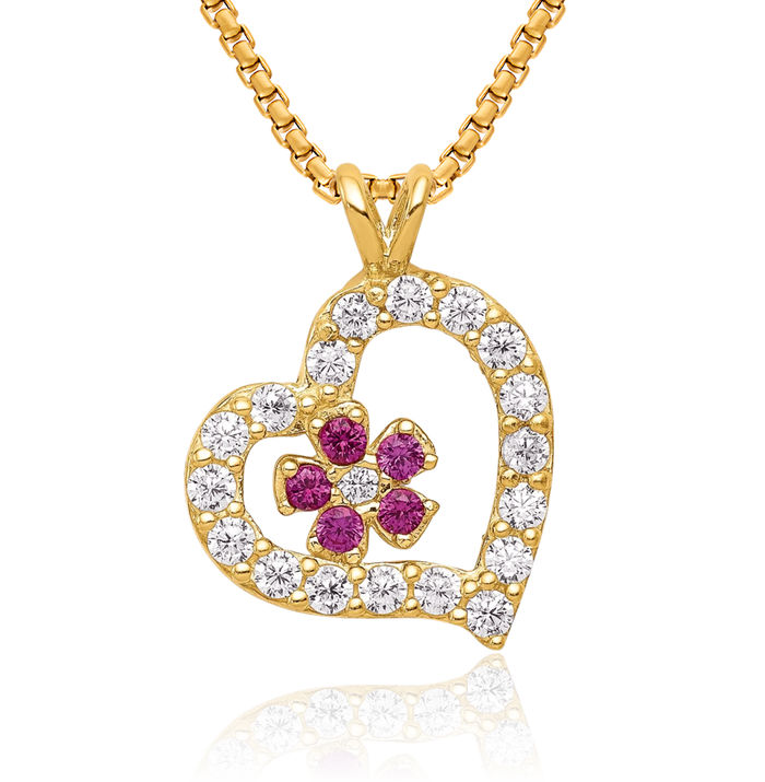 10K Solid Yellow Gold Cubic Zirconia CZ Heart Flower Necklace Chain Pendant Charm