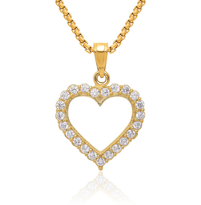 10K Solid Yellow Gold Cubic Zirconia CZ Heart Necklace Love Pendant Charm