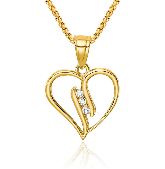 10K Solid Yellow Gold Cubic Zirconia CZ Heart Necklace Love Pendant Charm