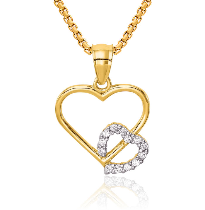 10K Solid Yellow Gold Cubic Zirconia CZ Heart Necklace Chain Pendant Charm