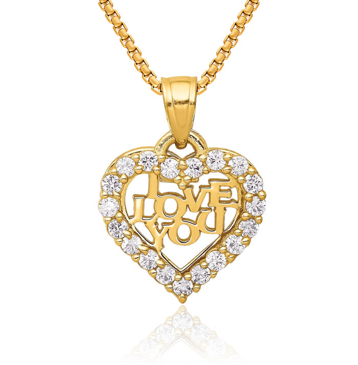 10K Solid Yellow Gold Cubic Zirconia CZ I Love You Heart Necklace Chain Pendant Charm