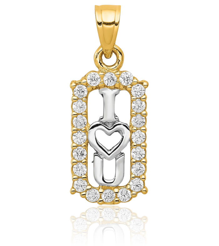 10K Solid Yellow Gold Cubic Zirconia CZ I Love You Necklace Chain Pendant Charm