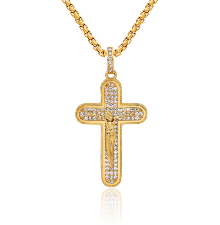 10K Solid Yellow Gold Cubic Zirconia CZ Lord Jesus Christ Crucifix Latin Mexican Holy Cross Necklace Religious Chain Pendant Charm