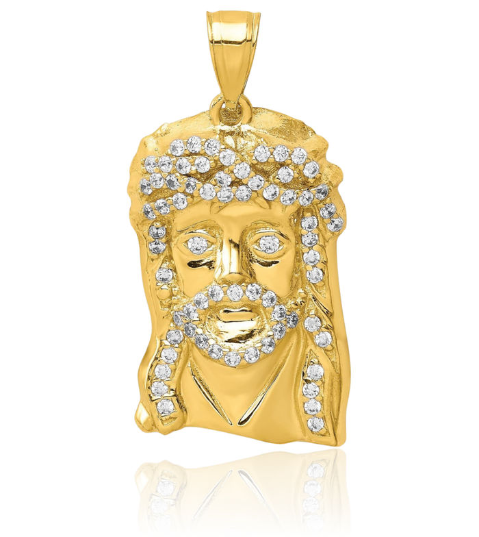 10K Solid Yellow Gold Cubic Zirconia CZ Jesus Christ Head Face Medal Necklace Religious Chain Pendant Christian Faith Charm
