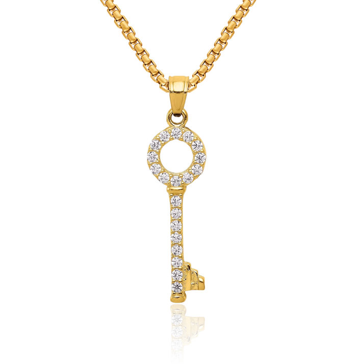 10K Solid Yellow Gold Cubic Zirconia CZ Key Necklace Chain Pendant Charm