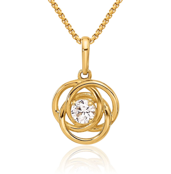 10K Solid Yellow Gold Cubic Zirconia CZ Love Knot Necklace Chain Pendant Charm