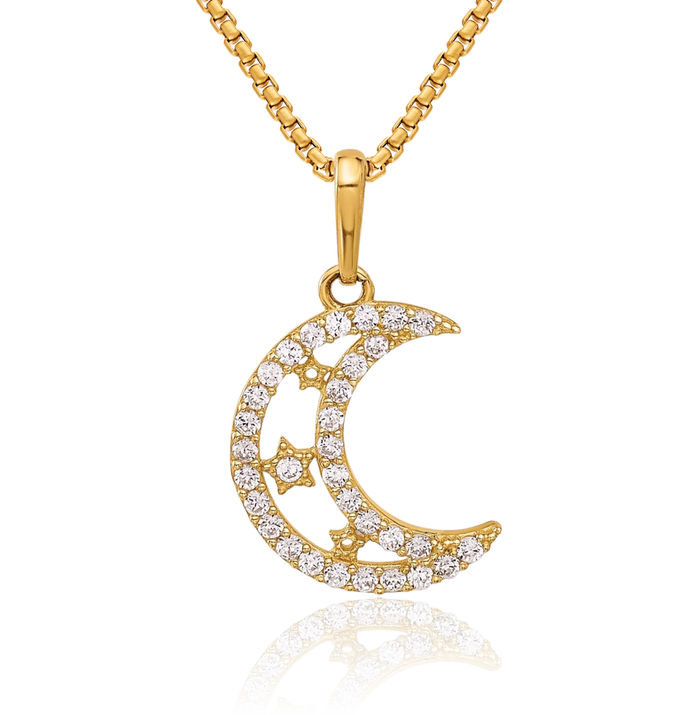 10K Solid Yellow Gold Cubic Zirconia CZ Crescent Moon Stars Necklace Chain Pendant Charm