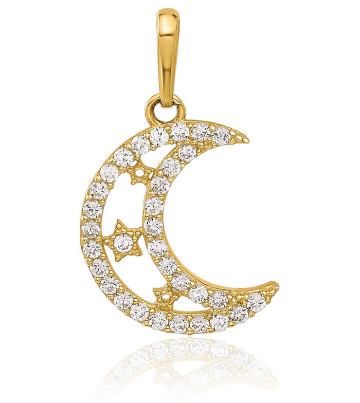 10K Solid Yellow Gold Cubic Zirconia CZ Crescent Moon Stars Necklace Chain Pendant Charm