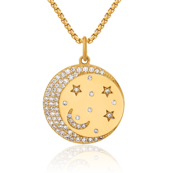 10K Solid Yellow Gold Cubic Zirconia CZ Crescent Moon Stars Disc Necklace Chain Pendant Charm