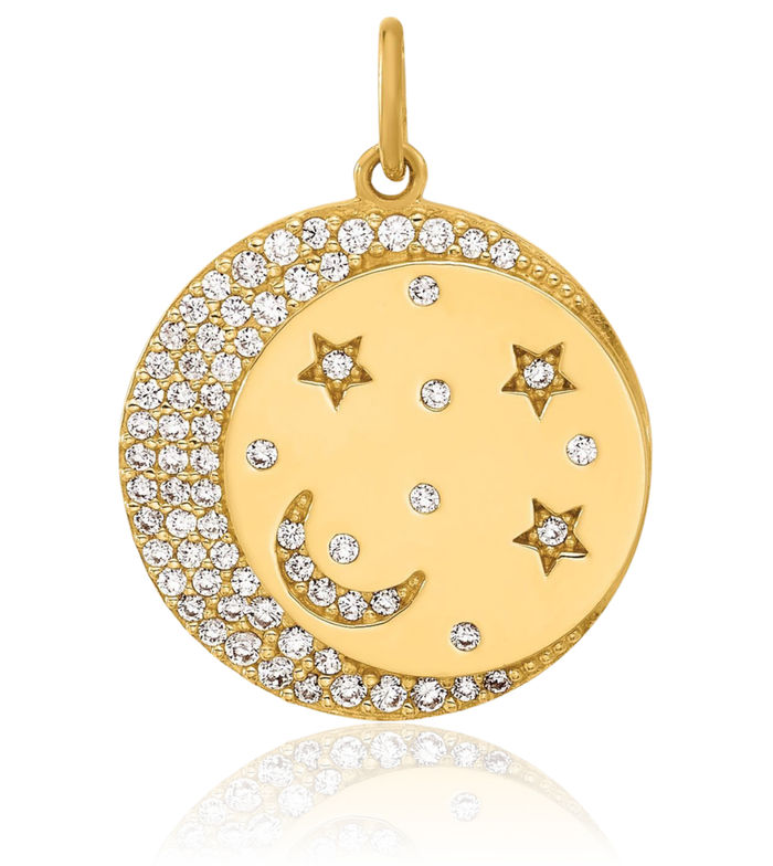 10K Solid Yellow Gold Cubic Zirconia CZ Crescent Moon Stars Disc Necklace Chain Pendant Charm