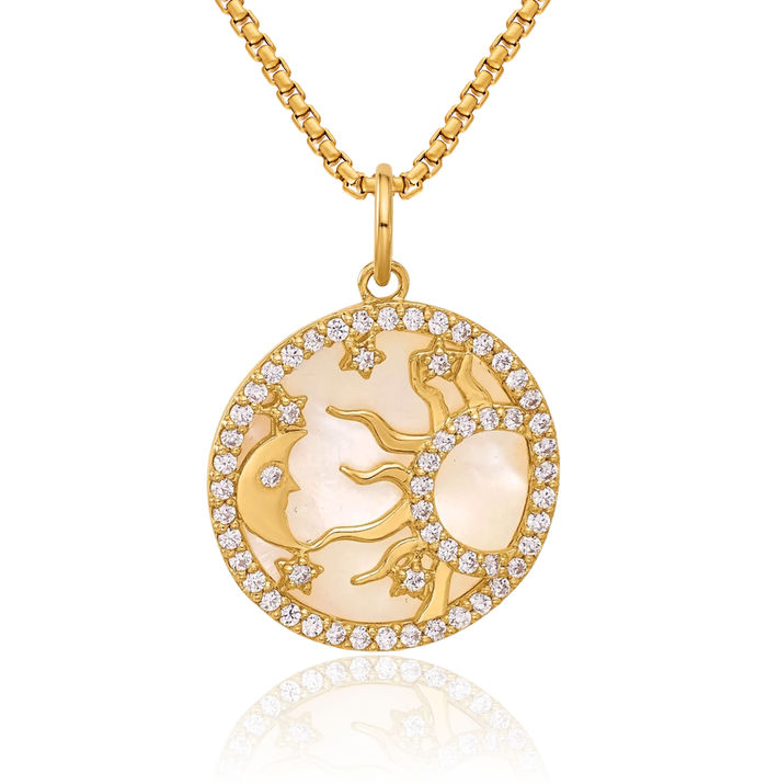 10K Solid Yellow Gold Cubic Zirconia CZ Mother of Pearl Sun Crescent Moon Stars Disc Necklace Chain Pendant Charm