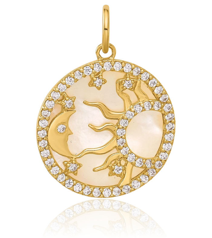 10K Solid Yellow Gold Cubic Zirconia CZ Mother of Pearl Sun Crescent Moon Stars Disc Necklace Chain Pendant Charm