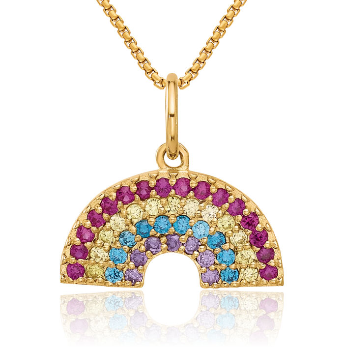 10K Solid Yellow Gold Cubic Zirconia CZ Rainbow Multi-color Necklace Chain Pendant Charm