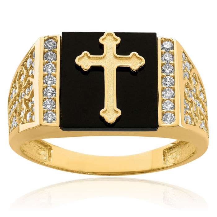 10K Solid Yellow Gold Cubic Zirconia CZ Black Onyx Cross Mens Ring