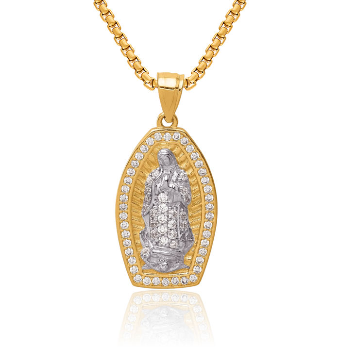 10K Solid Yellow Gold Cubic Zirconia CZ Our Lady of Guadalupe Virgin Mary Necklace Virgencita Maria Rosa Pendant Catholic Christian Holy Mother Medallion Charm