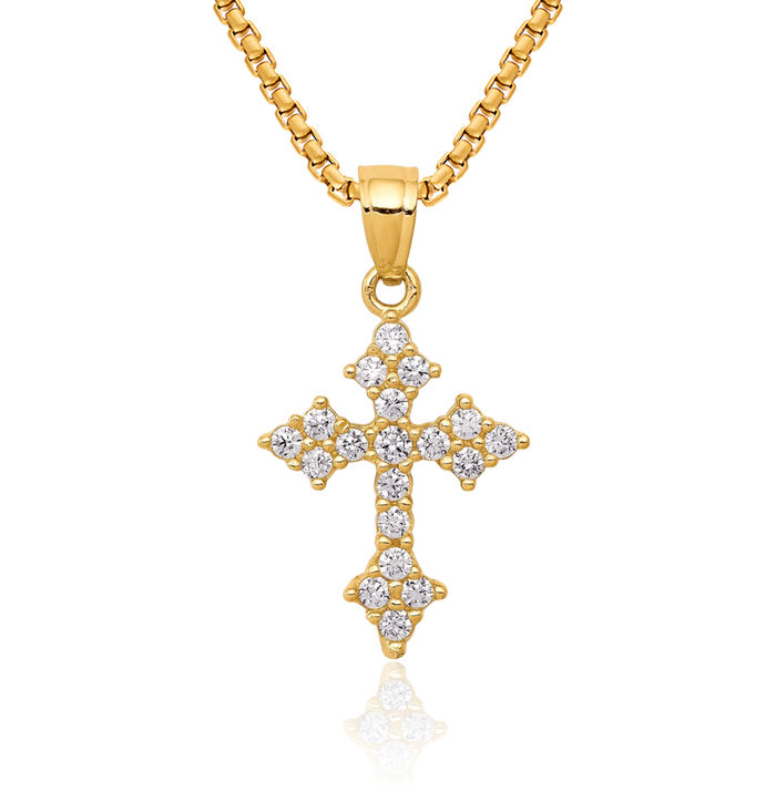 10K Solid Yellow Gold Cubic Zirconia CZ Passion Holy Cross Necklace Religious Chain Pendant Jesus Christ Charm