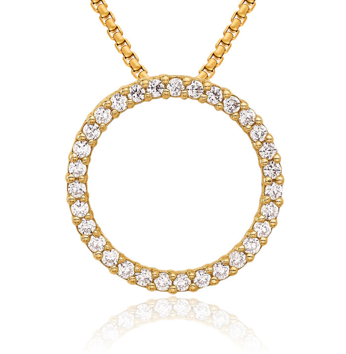 10K Solid Yellow Gold Cubic Zirconia CZ Circle Round Geometric Floating Chain Slide Pendant Necklace Charm