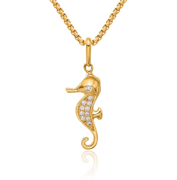 10K Solid Yellow Gold Cubic Zirconia CZ Seahorse Necklace Chain Pendant Charm