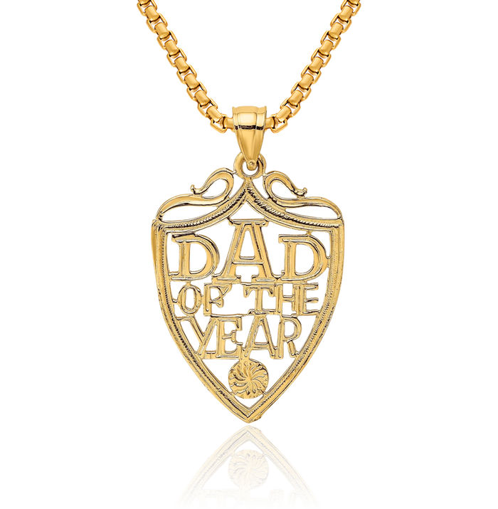 10K Solid Yellow Gold Dad of Year Plaque Necklace Chain Pendant Charm