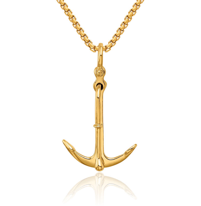 10K Solid Yellow Gold Dangling Anchor Mariner Set Necklace Nautical Charm Pendant