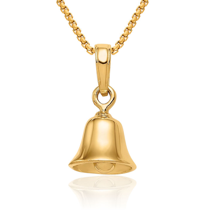 10K Solid Yellow Gold Dangling Bell Necklace Chain Pendant Charm