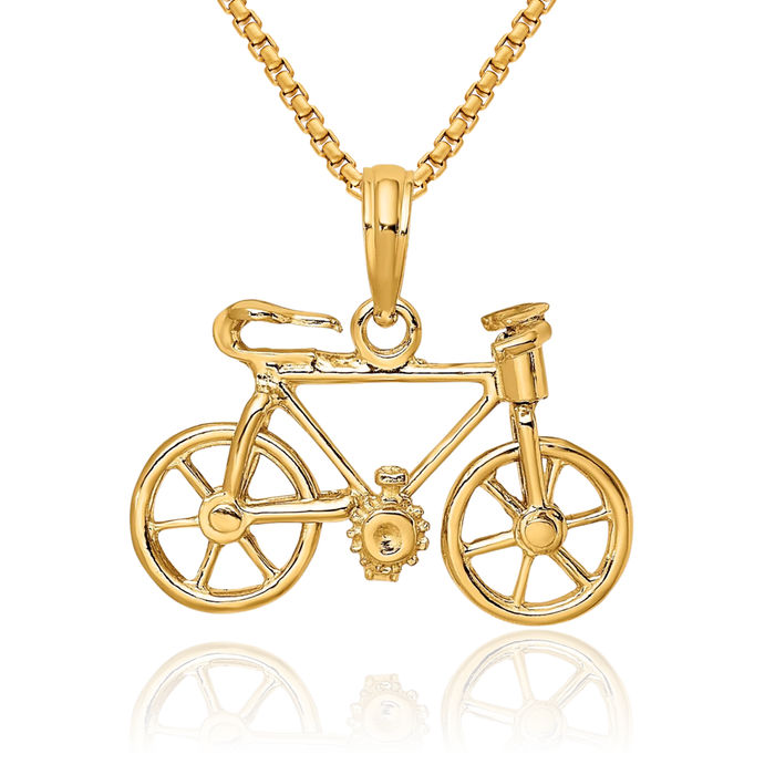 10K Solid Yellow Gold Dangling Bicycle Bike Necklace Chain Pendant Charm