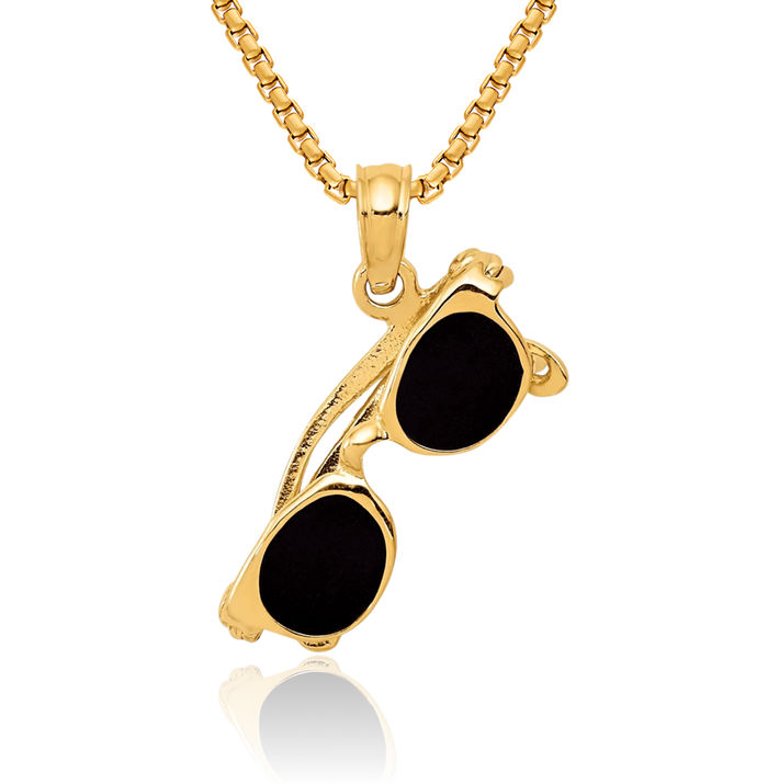 10K Solid Yellow Gold Dangling Black Sunglasses Necklace Chain Pendant Charm