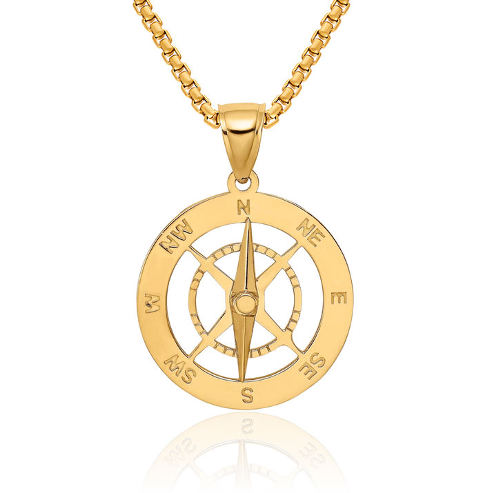 10K Solid Yellow Gold Dangling Nautical North Star Compass Needle Necklace Chain Pendant Charm