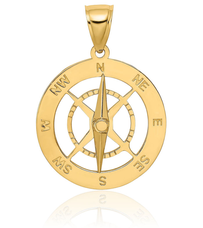 10K Solid Yellow Gold Dangling Nautical North Star Compass Needle Necklace Chain Pendant Charm