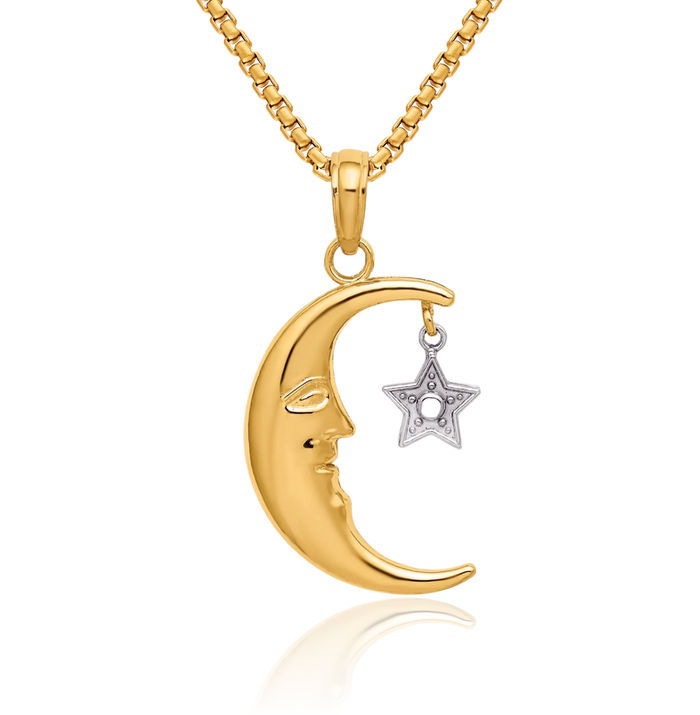 10K Solid Yellow Gold Dangling Half Crescent Moon Star Necklace Chain Pendant Charm Celestial Jewelry