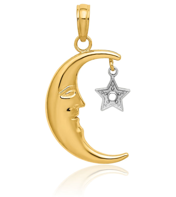 10K Solid Yellow Gold Dangling Half Crescent Moon Star Necklace Chain Pendant Charm Celestial Jewelry