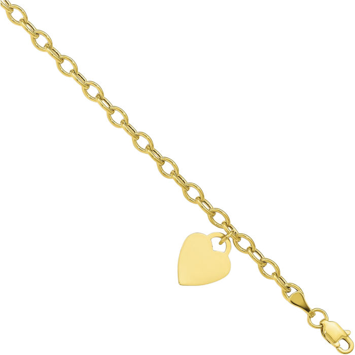 10K Solid Yellow Gold Dangling Heart Chain Charm Bracelet