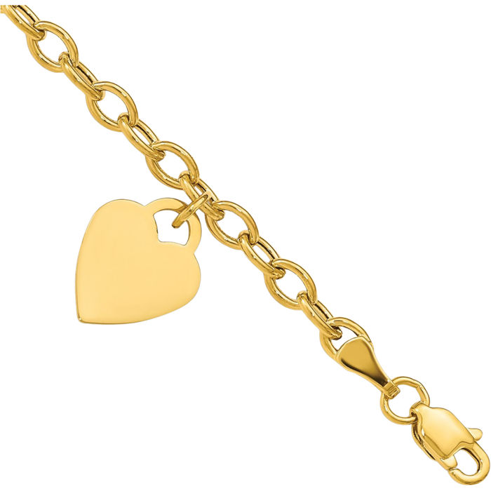 10K Solid Yellow Gold Dangling Heart Chain Charm Bracelet