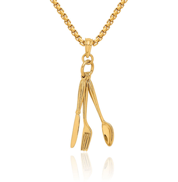 10K Solid Yellow Gold Dangling Knife Fork Spoon Necklace Chain Pendant Charm