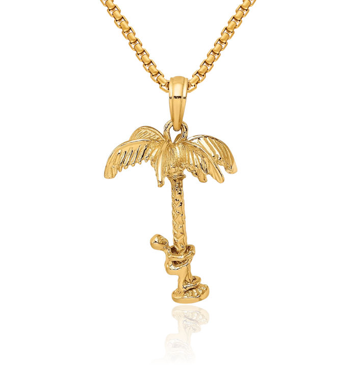 10K Solid Yellow Gold Dangling Palm Tree Man Necklace Summer Beach Pendant Tropical Charm