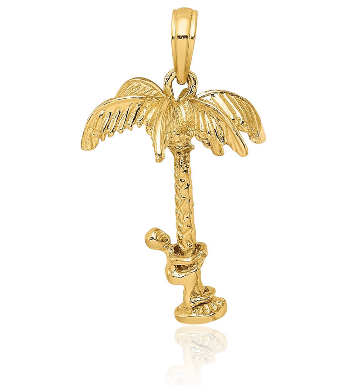 10K Solid Yellow Gold Dangling Palm Tree Man Necklace Summer Beach Pendant Tropical Charm