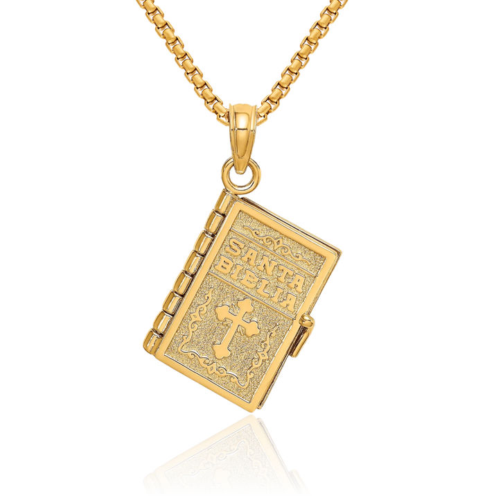 10K Solid Yellow Gold Dangling Santa Biblia Book Spanish Bible Necklace Chain Pendant Charm