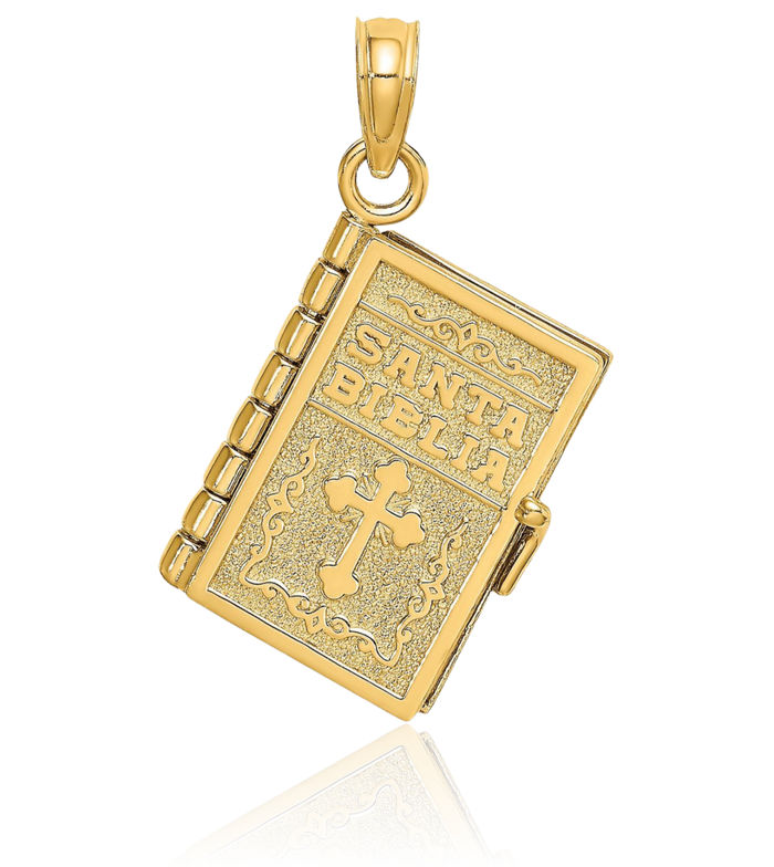 10K Solid Yellow Gold Dangling Santa Biblia Book Spanish Bible Necklace Chain Pendant Charm