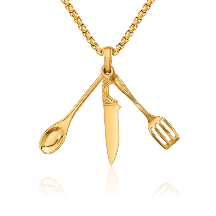 10K Solid Yellow Gold Dangling Spatula Spoon Knife Necklace Chain Pendant Charm