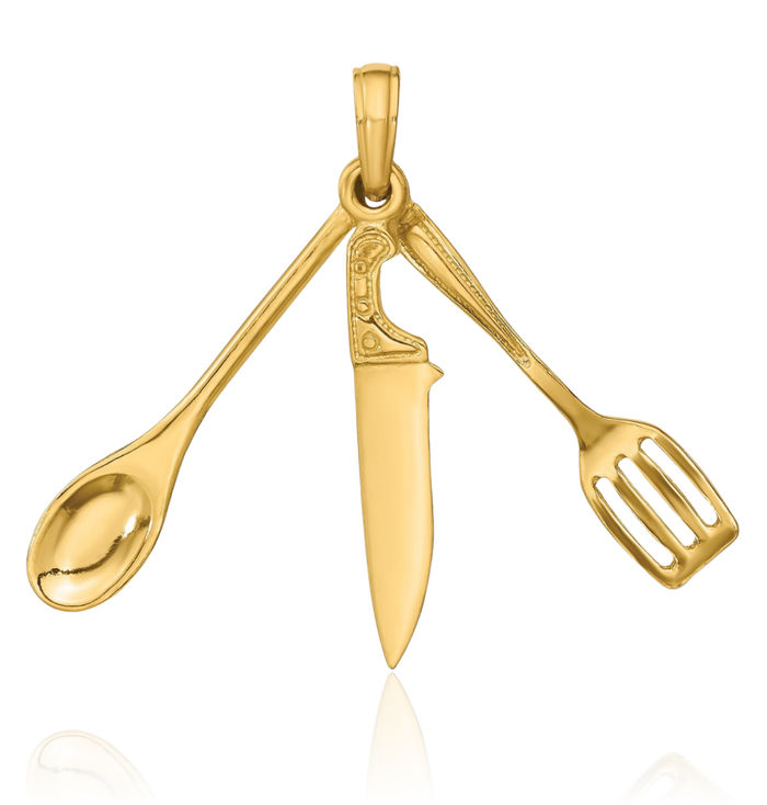 10K Solid Yellow Gold Dangling Spatula Spoon Knife Necklace Chain Pendant Charm