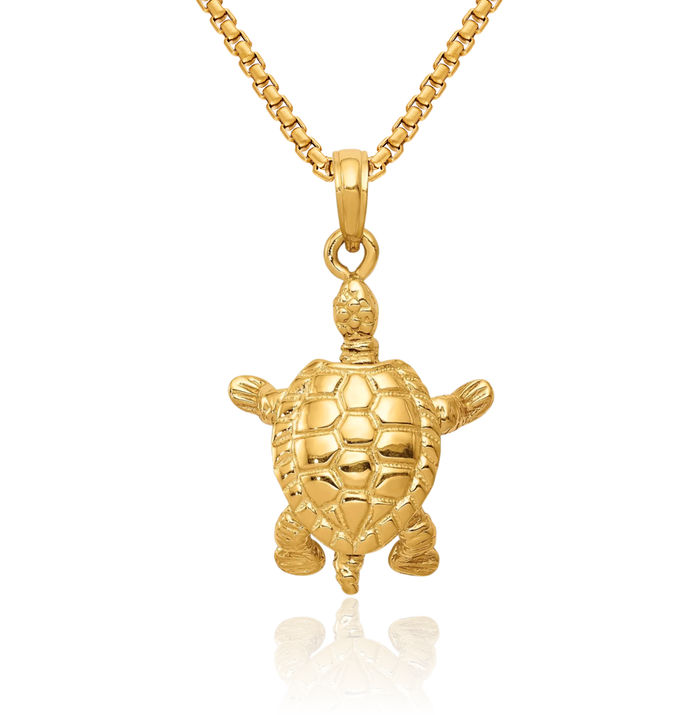 10K Solid Yellow Gold Dangling Sea Turtle Necklace Chain Pendant Charm