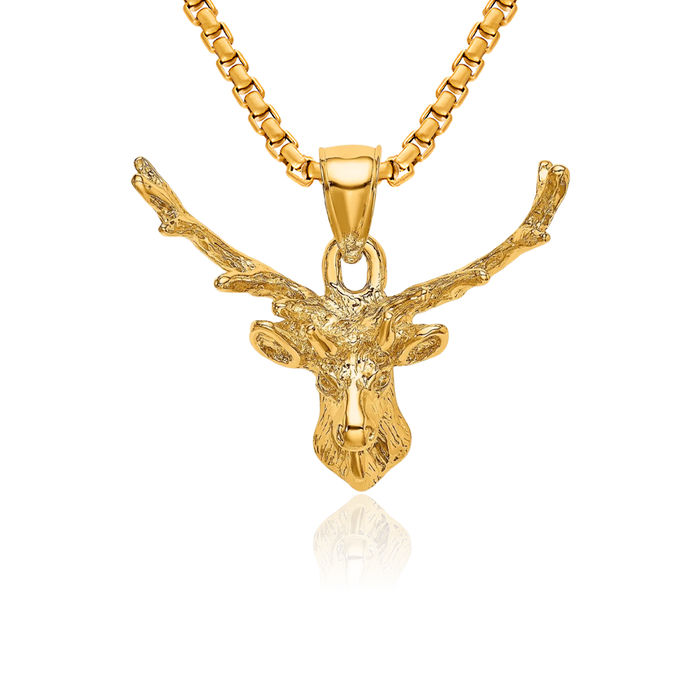 10K Solid Yellow Gold Deer Head 8 Point Buck Necklace Chain Pendant Charm