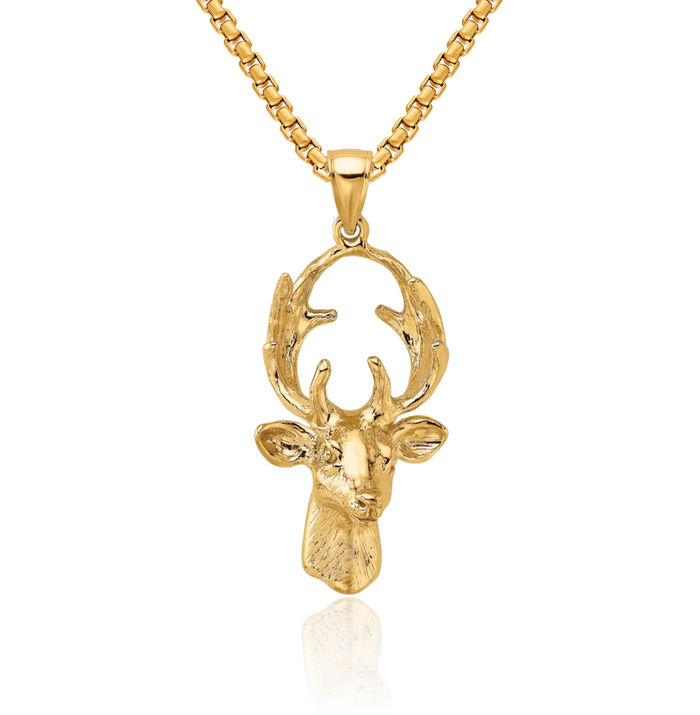 10K Solid Yellow Gold Deer Head Necklace Chain Pendant Charm