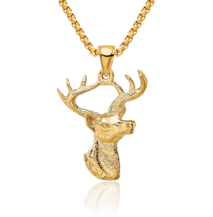 10K Solid Yellow Gold Deer Head Profile Necklace Chain Pendant Charm