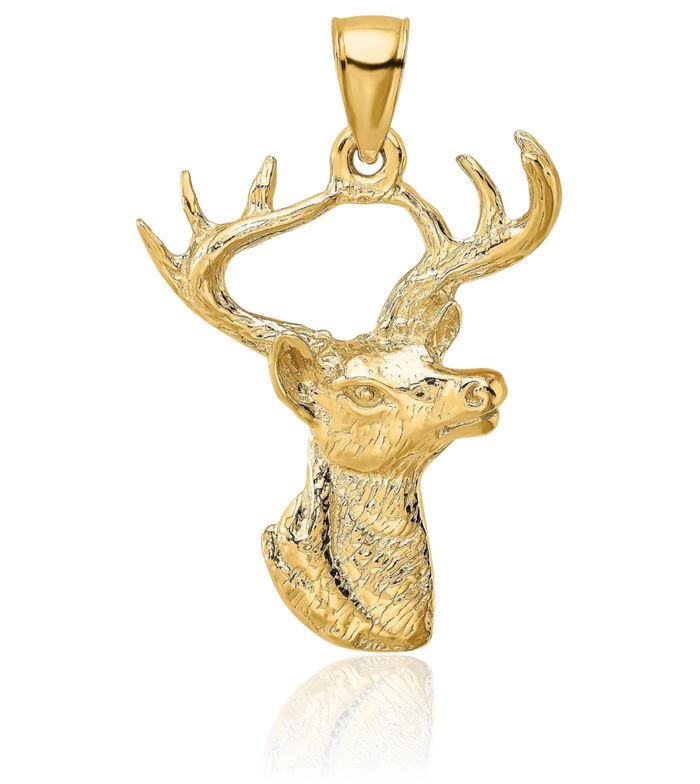 10K Solid Yellow Gold Deer Head Profile Necklace Chain Pendant Charm