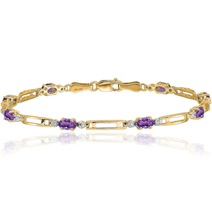 10K Solid Yellow Gold Diamond Purple Amethyst Chain Gemstone Tennis Bracelet