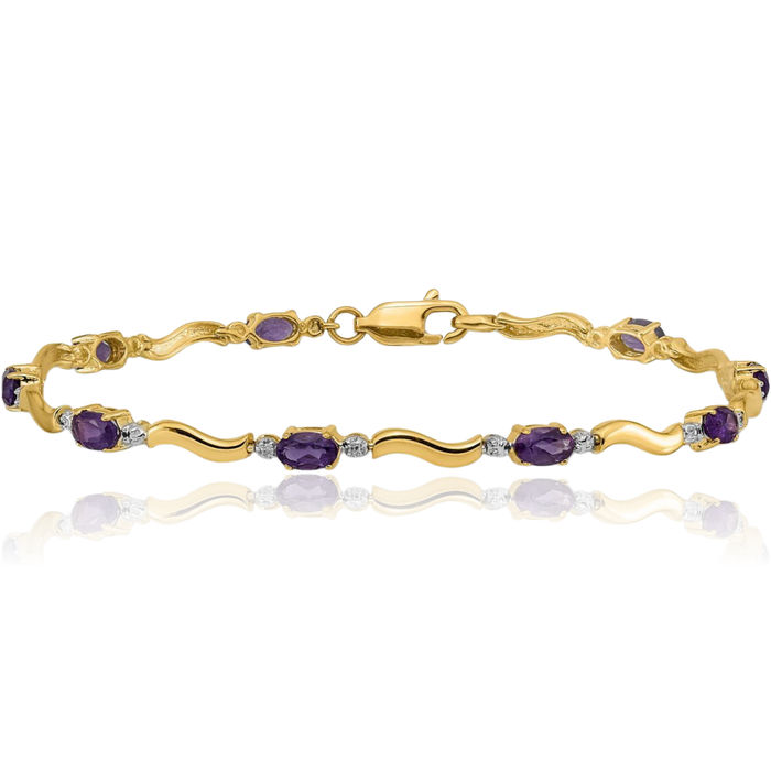 10K Solid Yellow Gold Diamond Purple Amethyst Chain Gemstone Tennis Bracelet