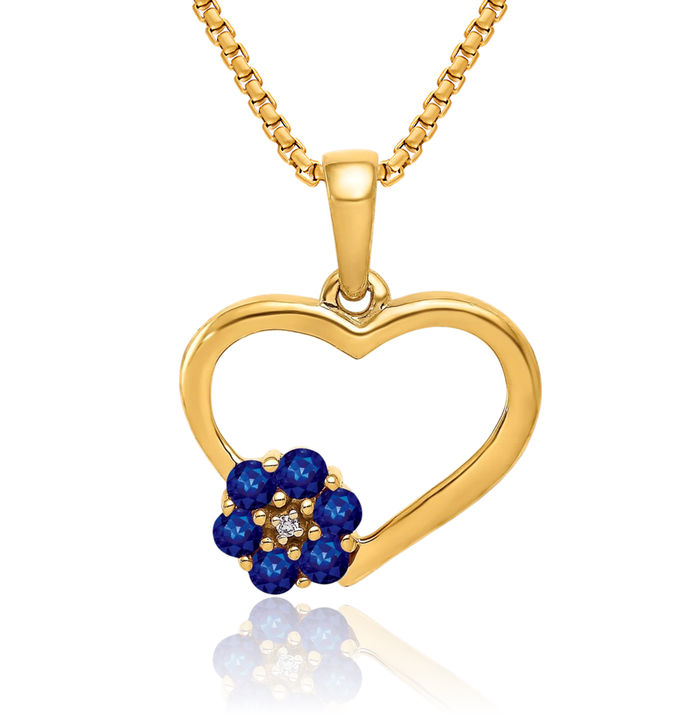 10K Solid Yellow Gold Diamond Blue Sapphire Heart Flower Necklace Charm Gemstone Pendant